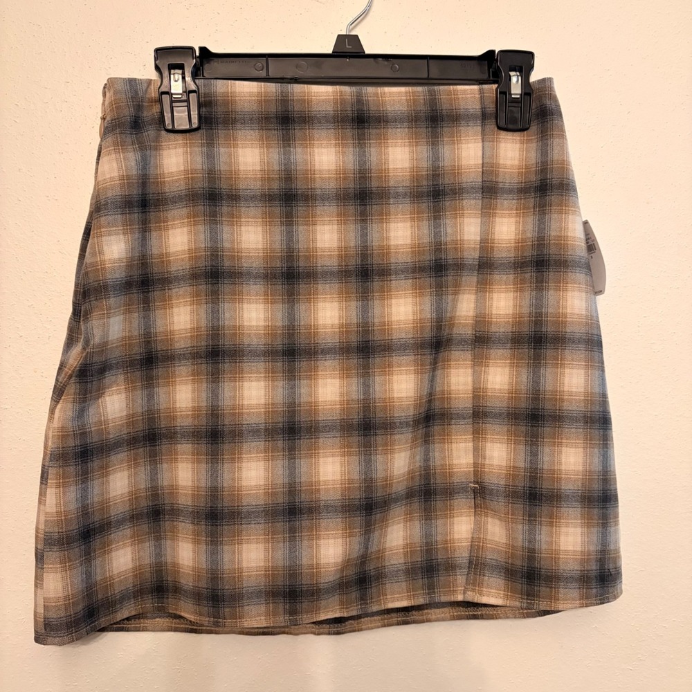 Old Navy Plaid Mini Skirt Womens Small Tan Brown Grey Academic Preppy Lined Slit